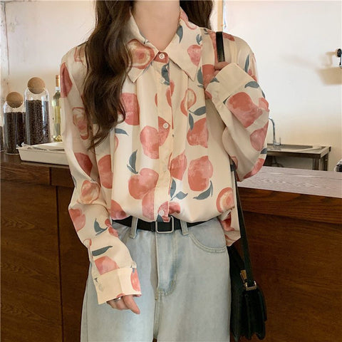 Long Sleeve Peach Full Printed Blouse Shirt