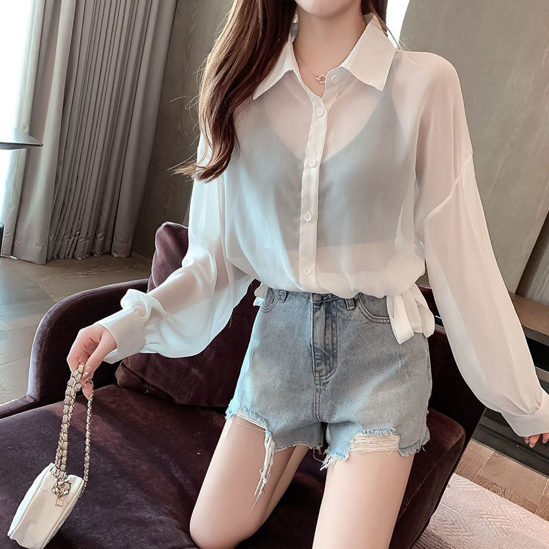 Rope Strap Sun Screen Thin Transparent Shirt