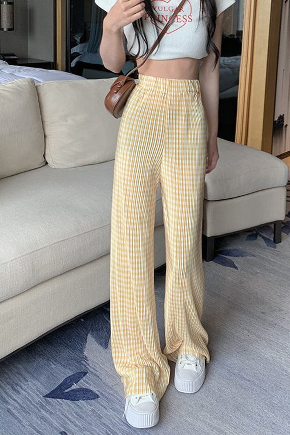 High Waist Plaid Pleated Long Pants