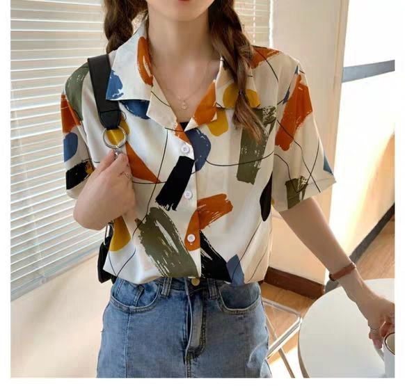Geometrisches Retro-Kurzarm-Bluse-Shirt mit Einsätzen 