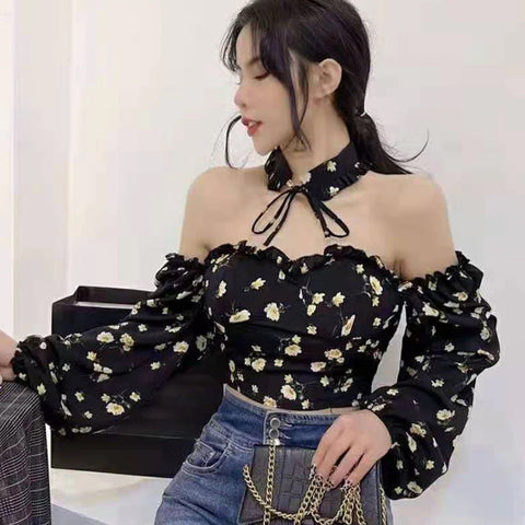 Sexy Long Sleeve Florals Elegant Crop Tops