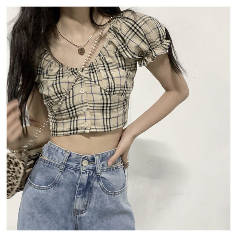 Sexy Puff Sleeve Plaid Crop Tops