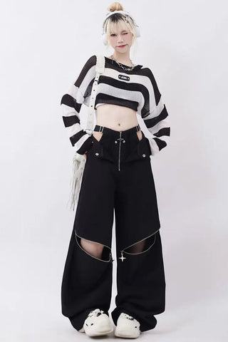 Loose Retro Cut Out Zipper Knee Pants
