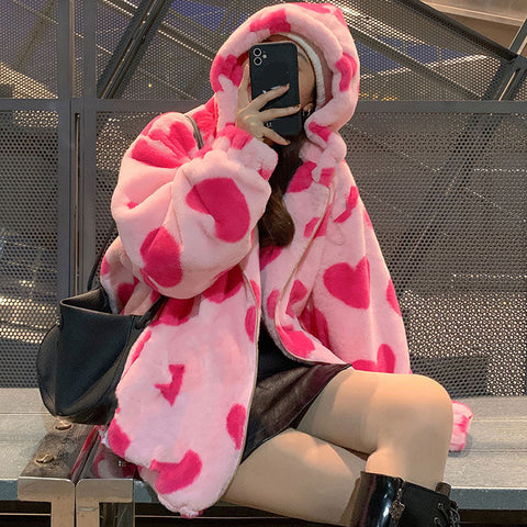 Loose Heart Pattern Warm Fleece Hoodie