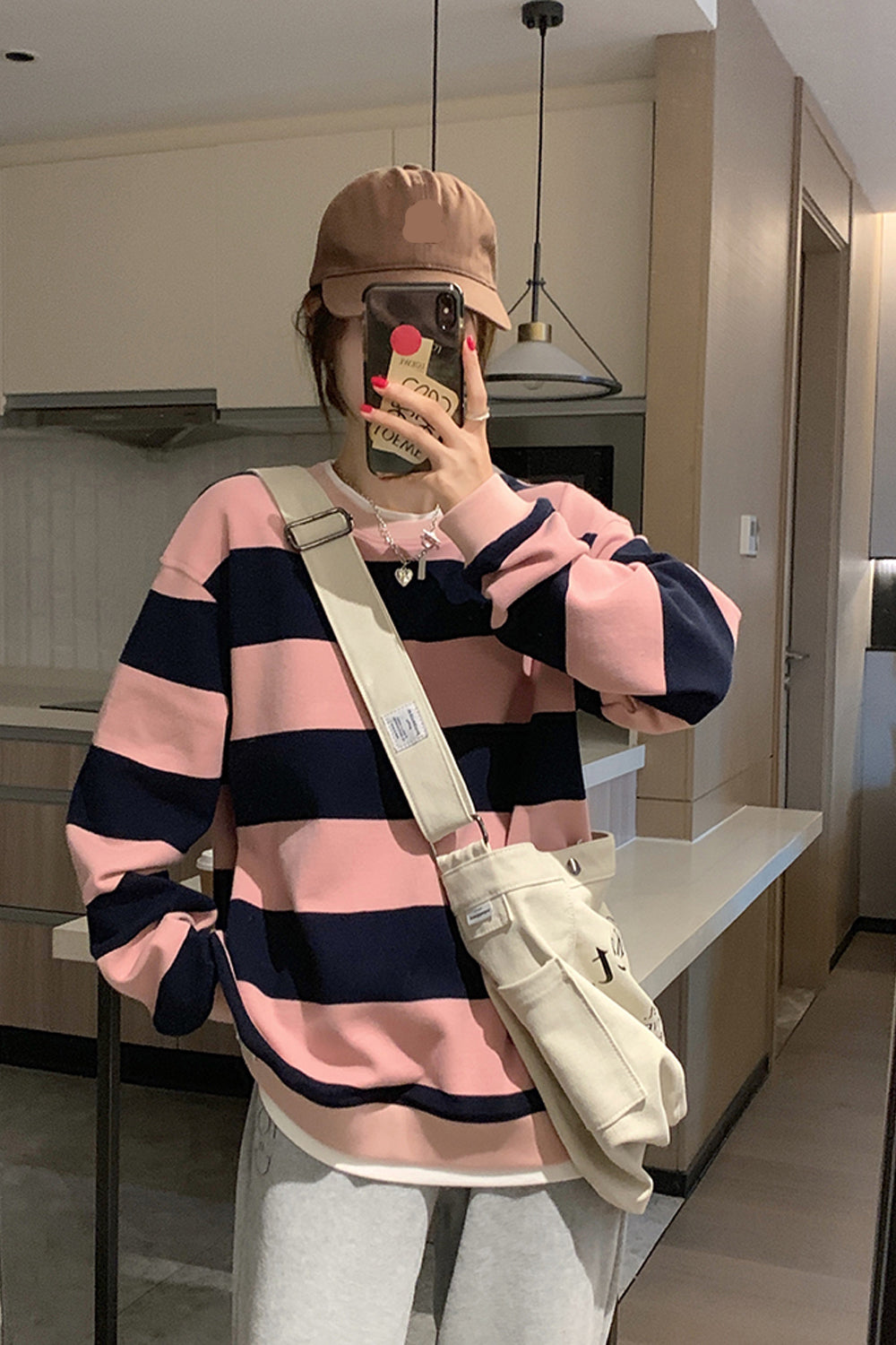 Long Sleeve Pink Striped Sweatshirt