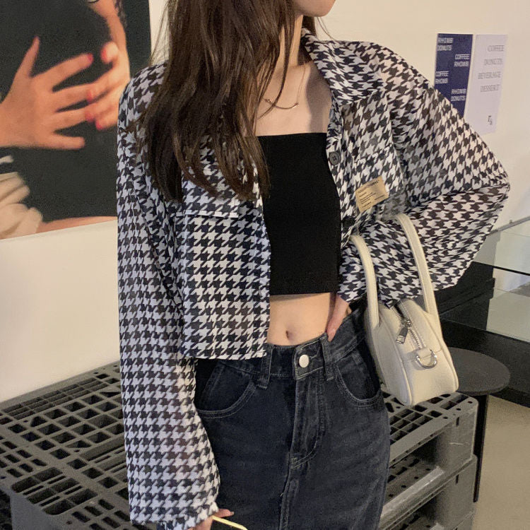 Long Sleeve Houndstooth Pattern Cropped Shirt