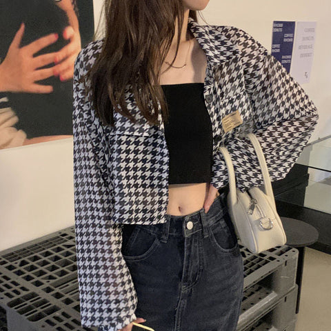 Long Sleeve Houndstooth Pattern Cropped Shirt