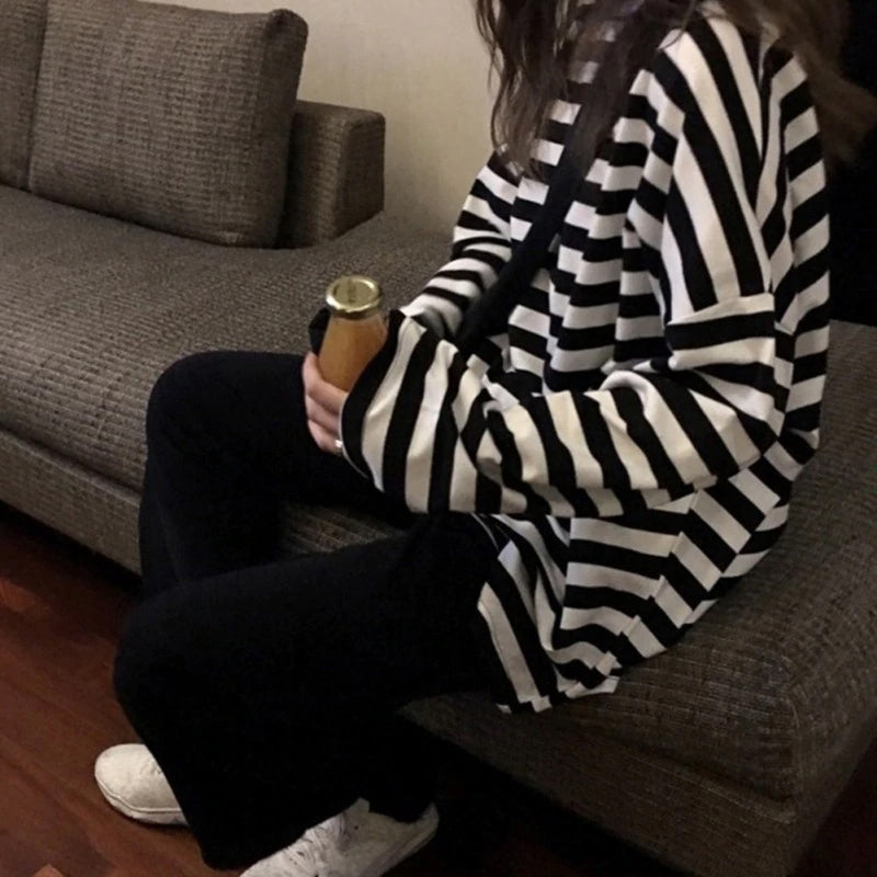 Black and White Striped O Neck Loose Shirt