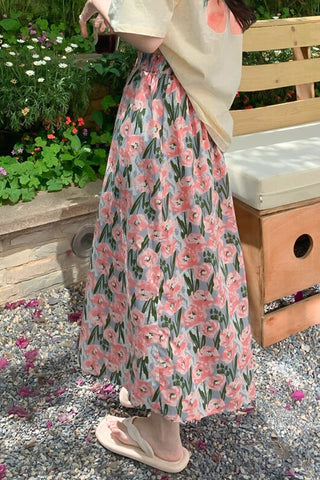 Pink Flowers Pattern Elegant Long Skirts