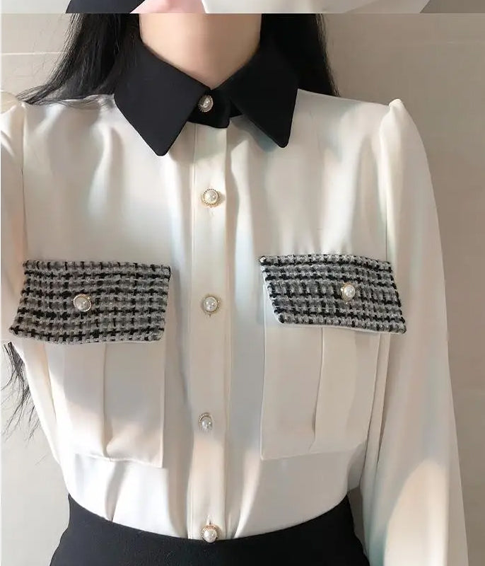 Long Sleeve Plaid Pockets Office Blouse Shirt