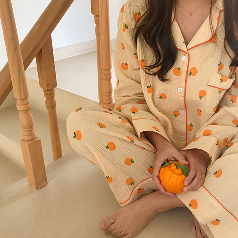 Cute Orange Pattern Printed 2Pcs Pajamas Set