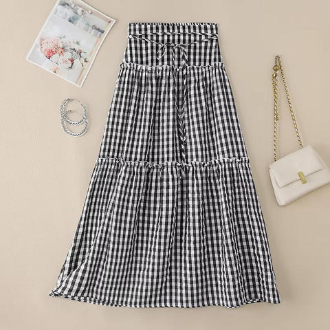 High Waist Lace Ruffled Plaid Maxi Skirts