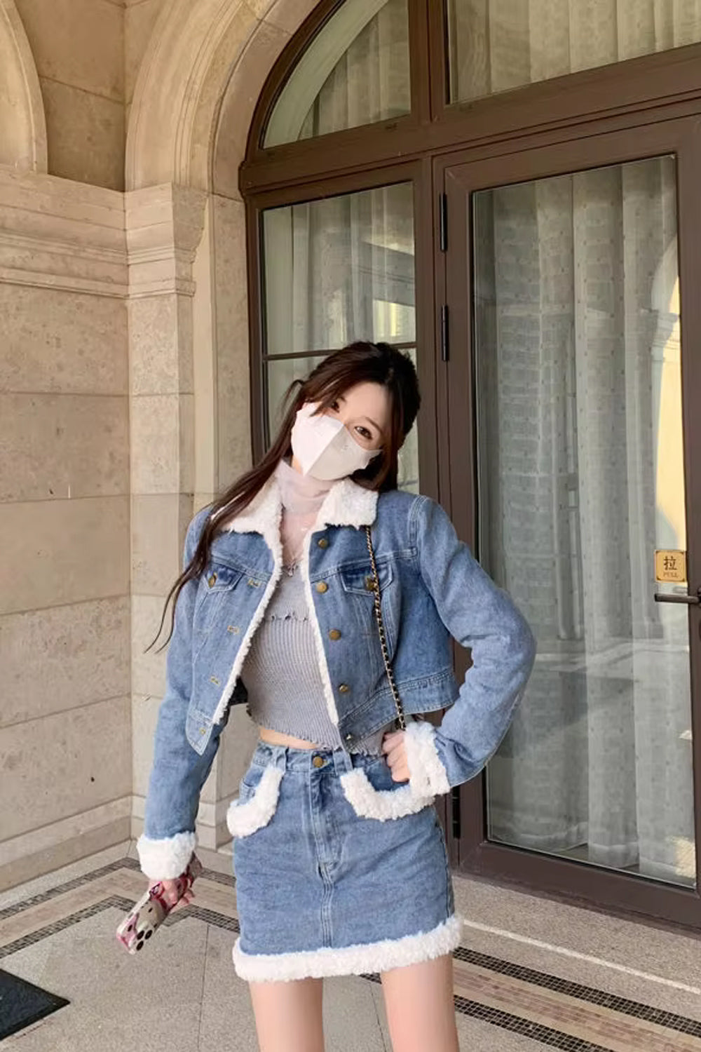 Two Piece Warm Crop Denim Jacket With Mini Denim Skirt Outfit Set