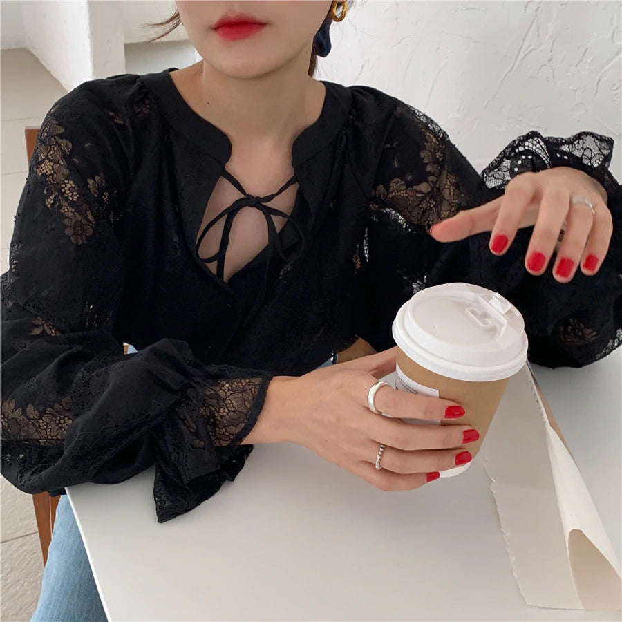 Black Thin Lace Lantern Sleeve Shirt