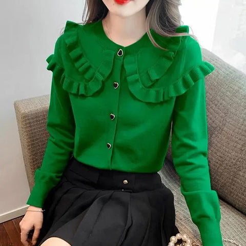 Solid Ruffles Peter Pan Collar Slim Sweater