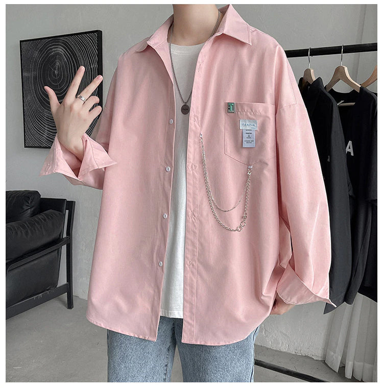 Long Sleeve Loose Casual Men Shirt With Chain