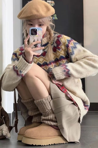 Loose Neck Argyle Pattern Knitted Sweater