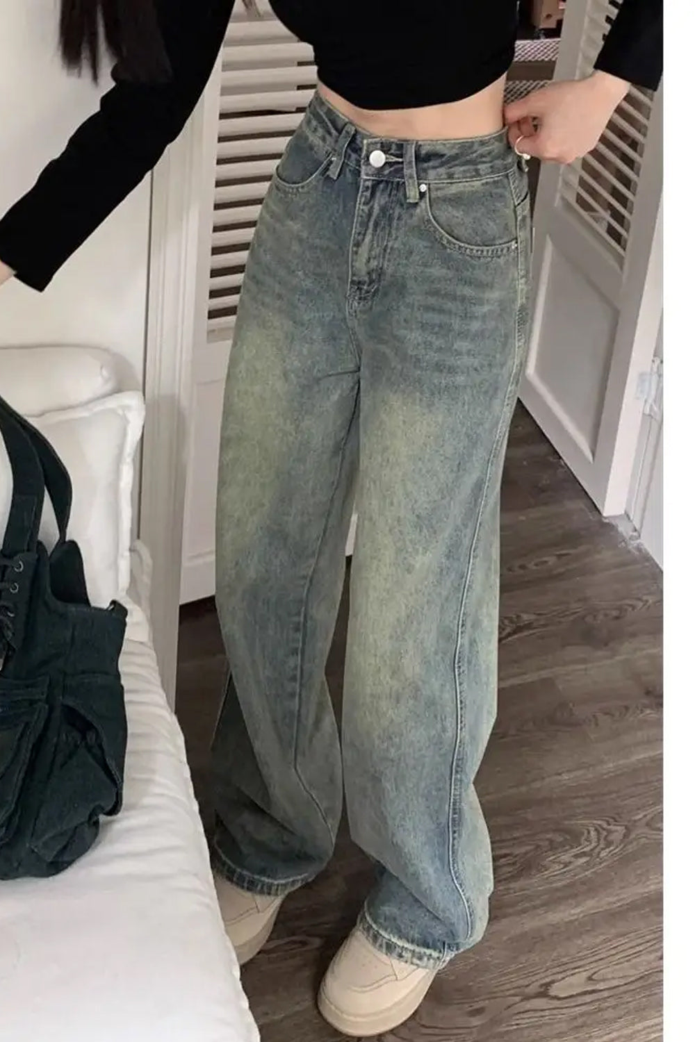 High Waist Vintage Washed Long Jeans Pants