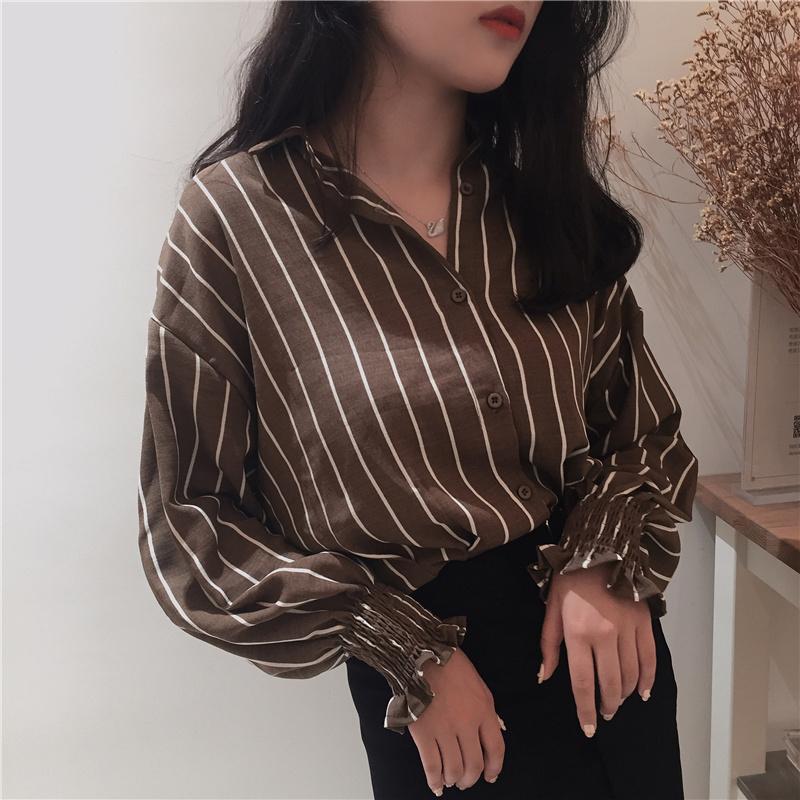 Vintage Striped Slim Stand Collar Shirt