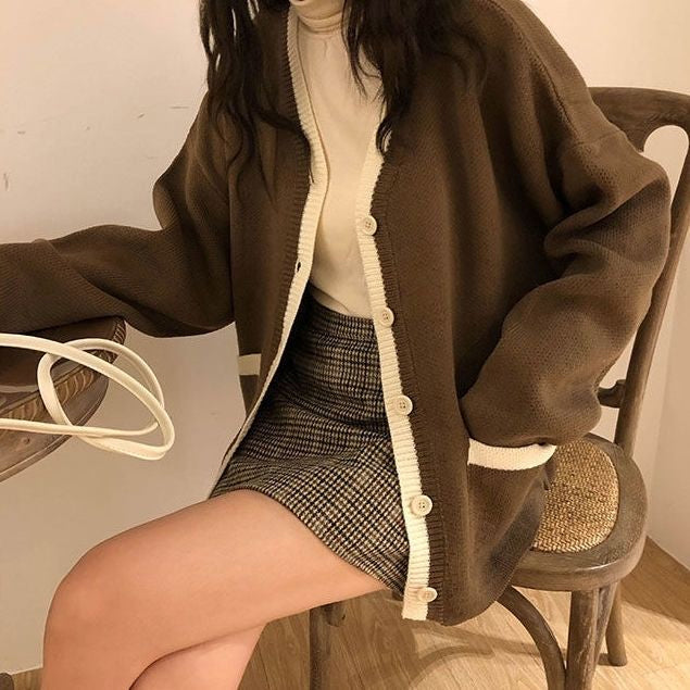 V-Neck Knitted College Cardigan Sweater