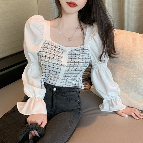 Bluse mit langen Ärmeln und quadratischem Kragen 