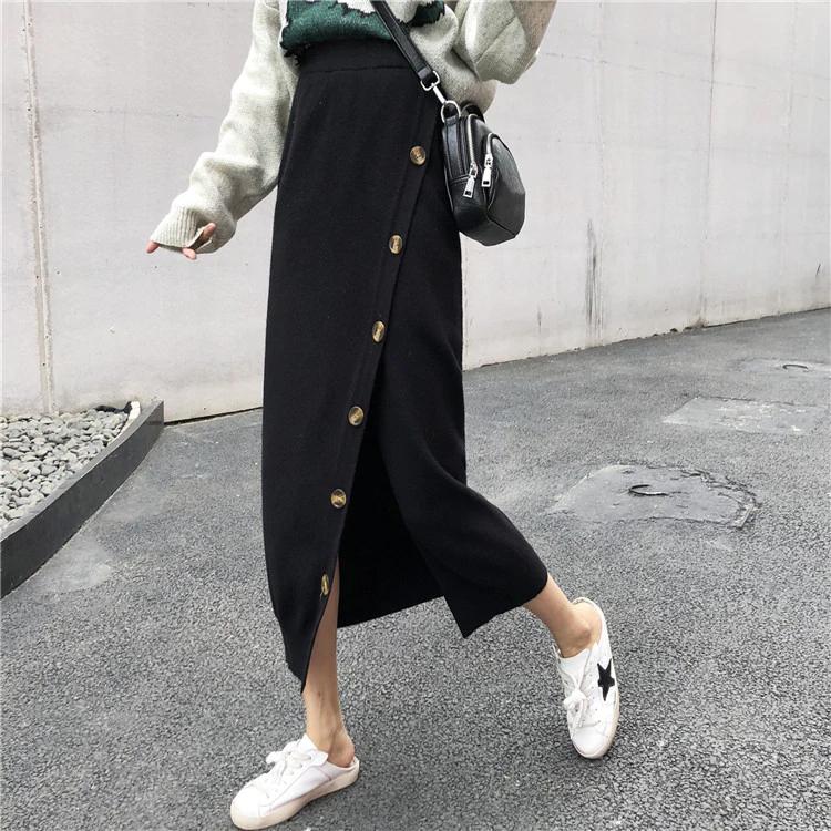 Casual Knitted Split Button Slim Skirt