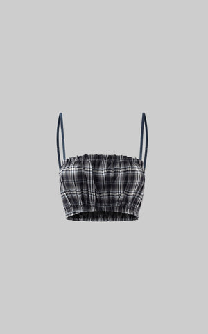 Plaid Strapless Crop Top with Ruched Elastic Detail