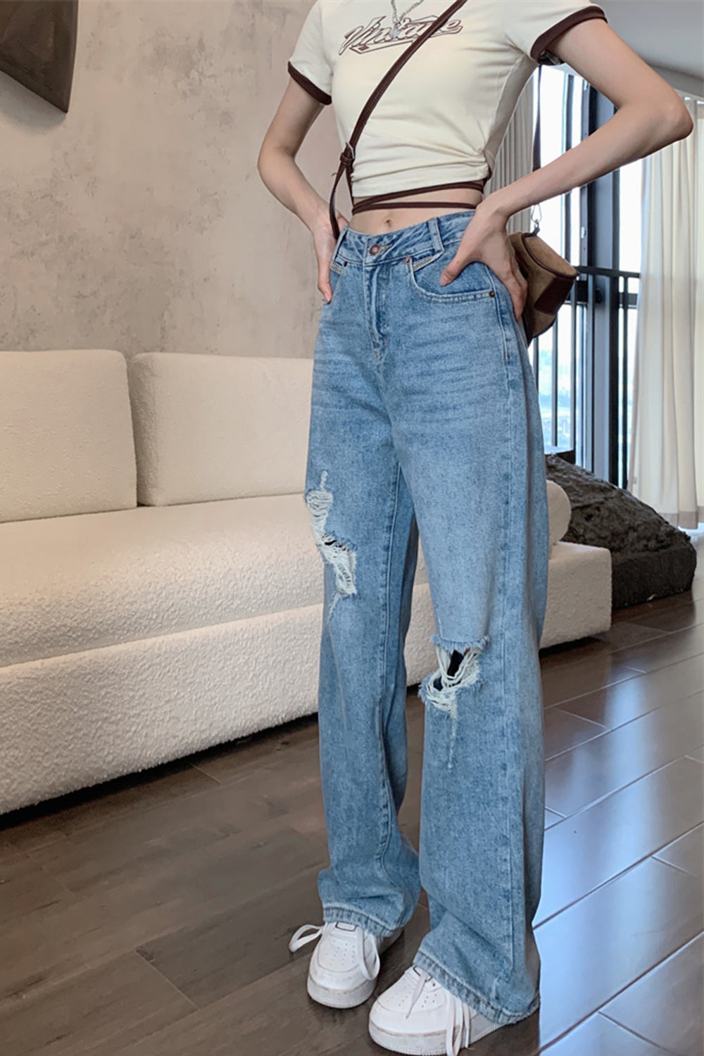 High Waist Ripped Long Jeans Pants