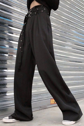 High Waist Long Sashes Gothic Style Wide Leg Pants