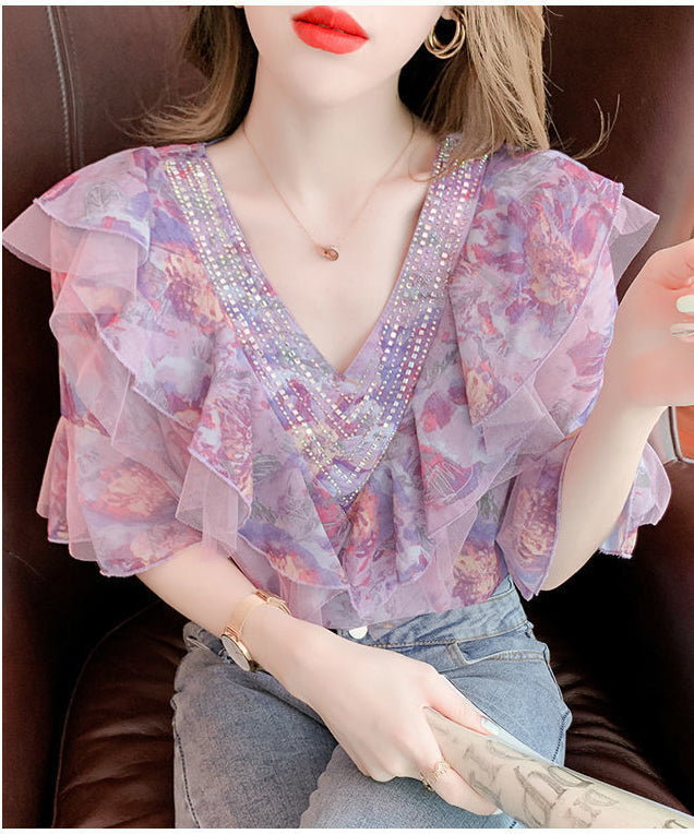 Retro Chiffonbluse mit V-Ausschnitt und Blumenmuster 