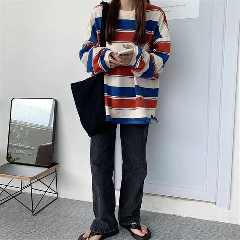 Loose Oversize College Style Striped Long Sleeve Shirt