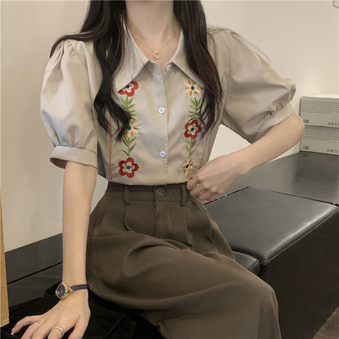 Short Sleeve Flower Embroidered Blouse Shirt