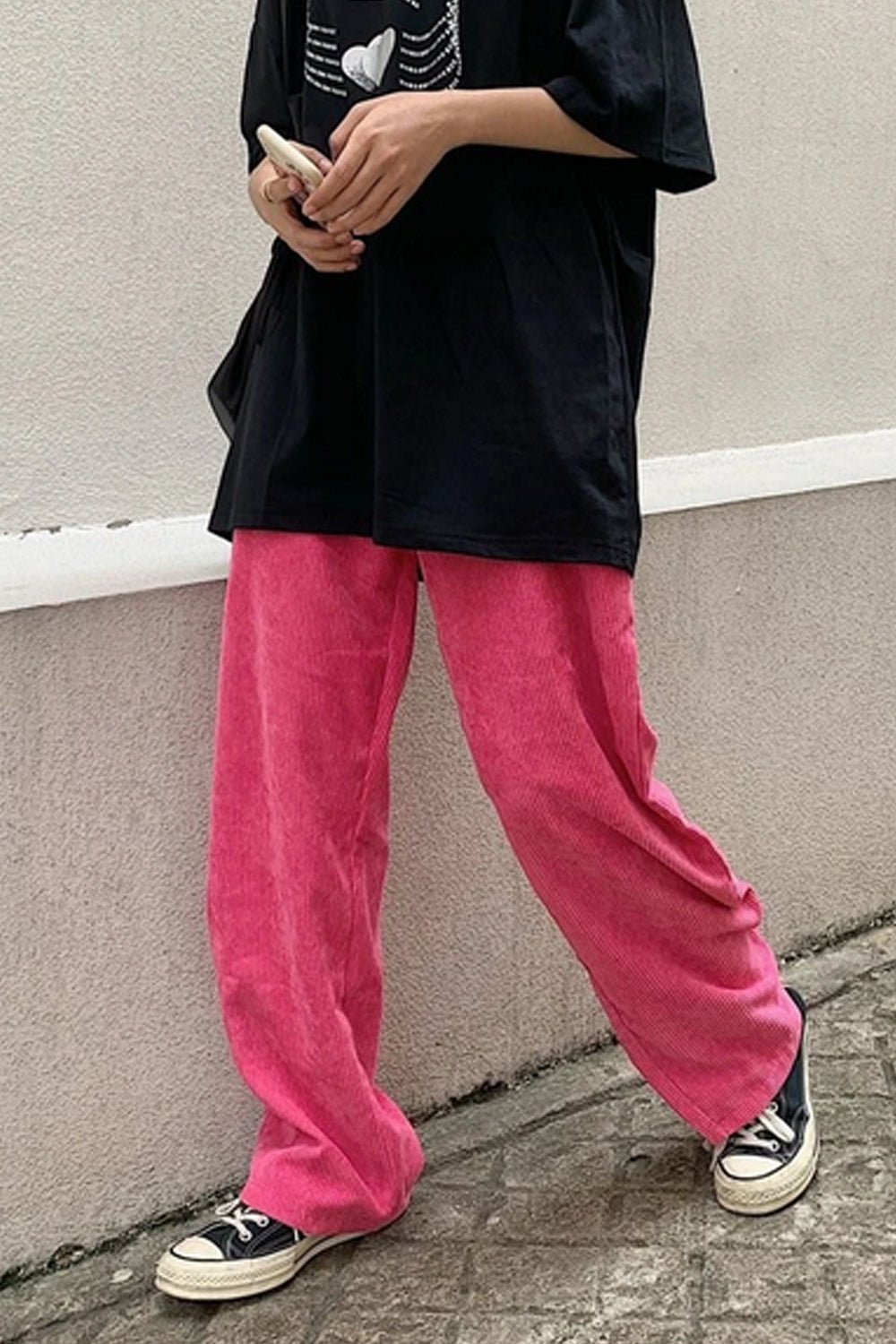 High Waist Pink Corduroy Loose Pants