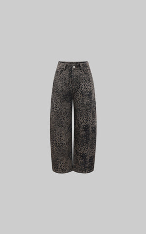 Leopard Print Distressed Wide Leg Denim Pants