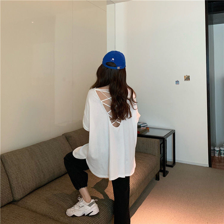 Cute Backless Sexy Loose O-Neck Shirt