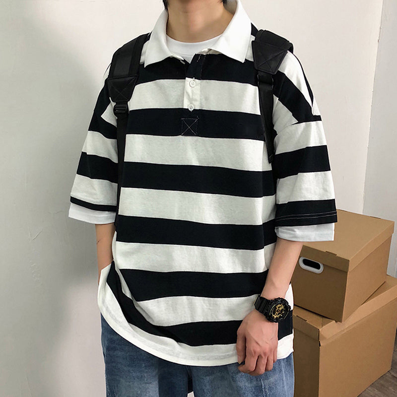 Big Striped Loose Oversize Polo Collar Shirt