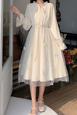 Long Sleeve Mesh Elegant Sweet Midi Dress