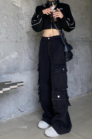 High Waist Cargo Pocket Loose Black Denim Pants