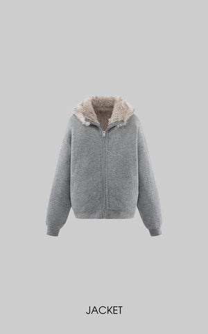Furry Hood Jacket & Knit Hood Hat Set with Slim Top and Drawstring Shorts