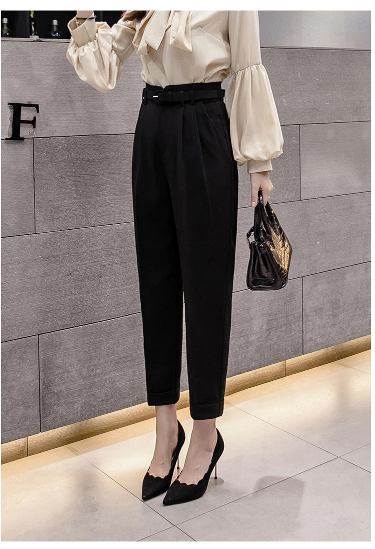 High Waist Ankle Length Elegant Office Pants with Belt