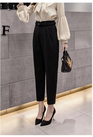 High Waist Ankle Length Elegant Office Pants with Belt