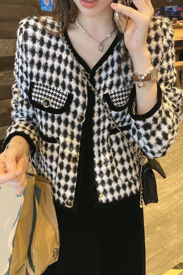 Classic Houndstooth Pattern Cropped Jacket