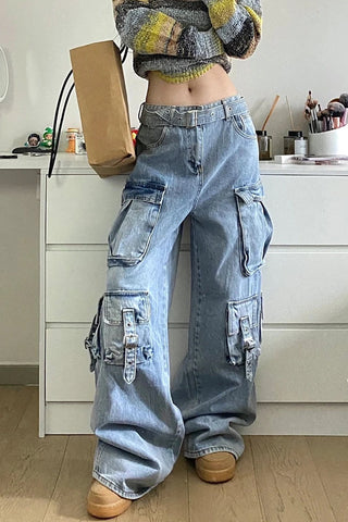 Wide Leg Multi Pockets Cargo Jeans Pants