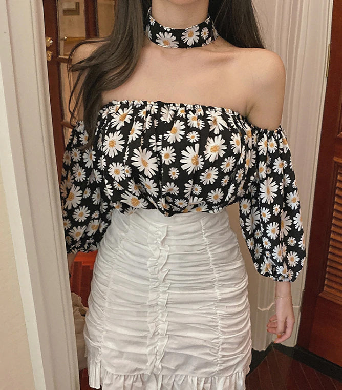 Loose Off Shoulder Daisy Printed Blouse Shirt