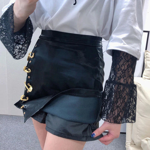 Pins Asymmetrical Leather Mini Skirt