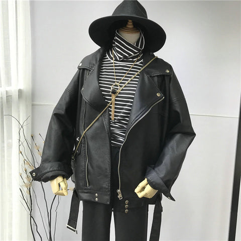 Loose Turn Down Collar Zipper Leather Jacket