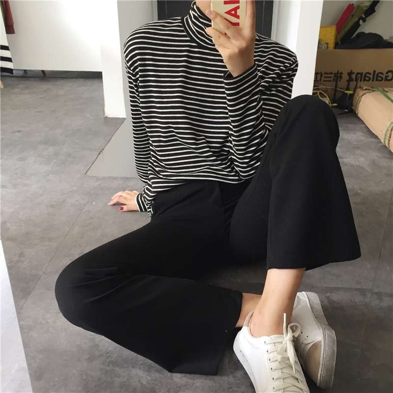 Black Striped Turtleneck Long Sleeve Shirt