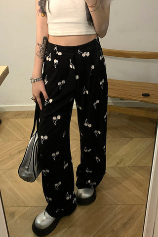 High Waist Cherry Pattern Long Black Pants