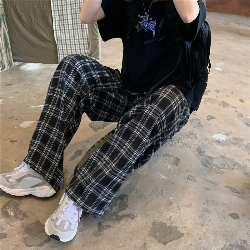 Black and White Plaid Loose Wide Leg Long Pants