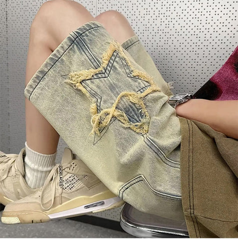 Stars Patchwork Retro Washed Denim Shorts